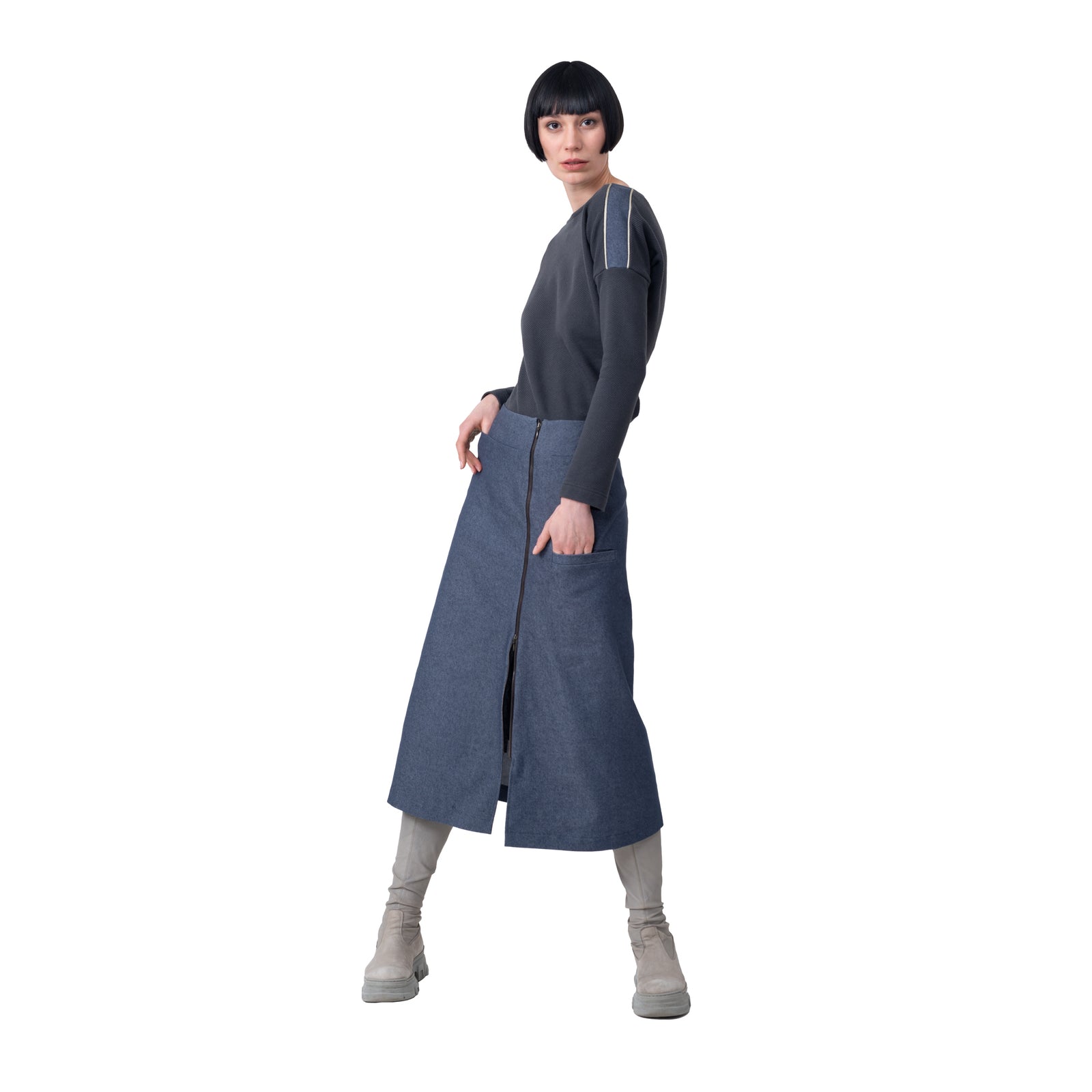 langer Jeansrock mit Reißverschluss und Taschen