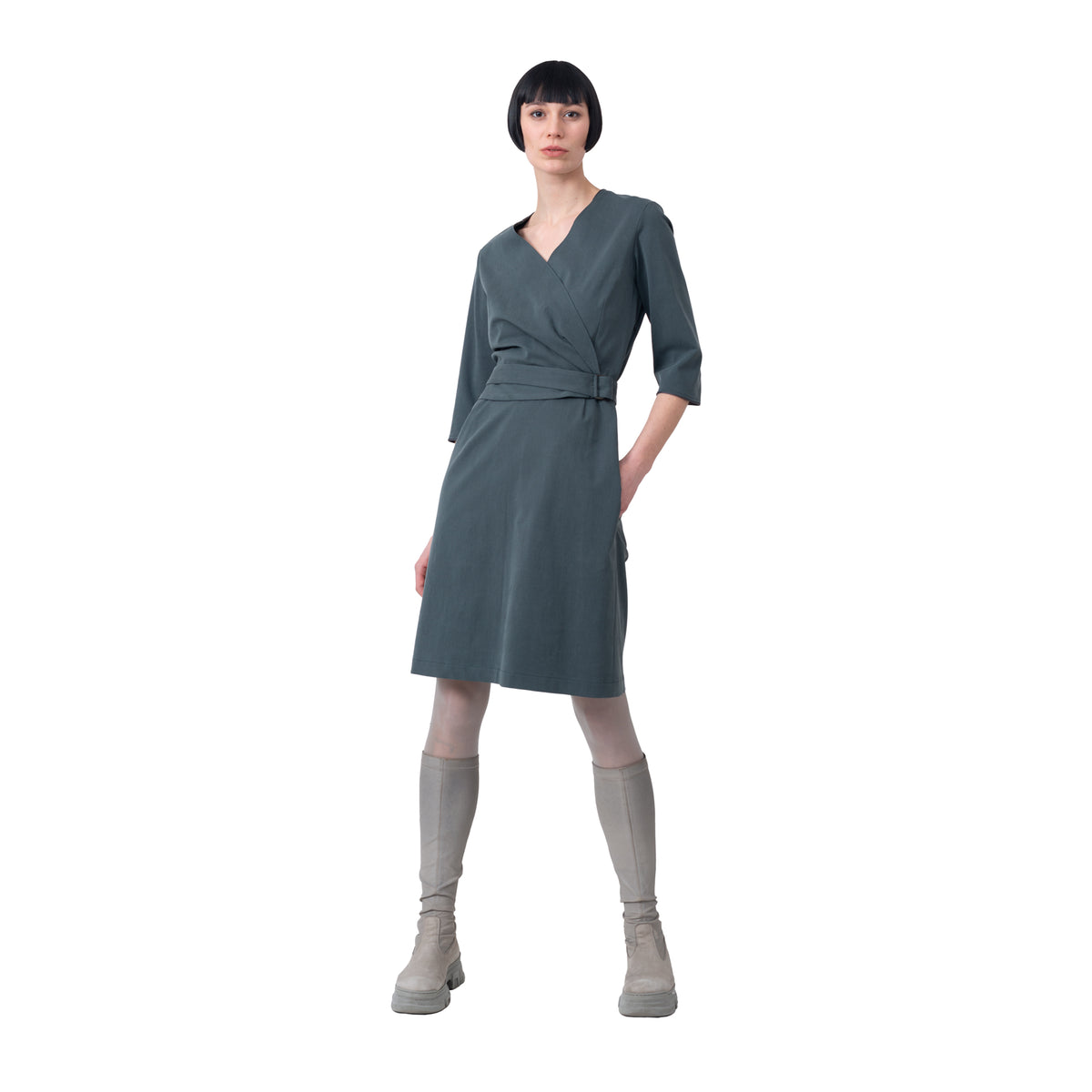 Kleid mit Gürtel 3/4 Arm, oliv