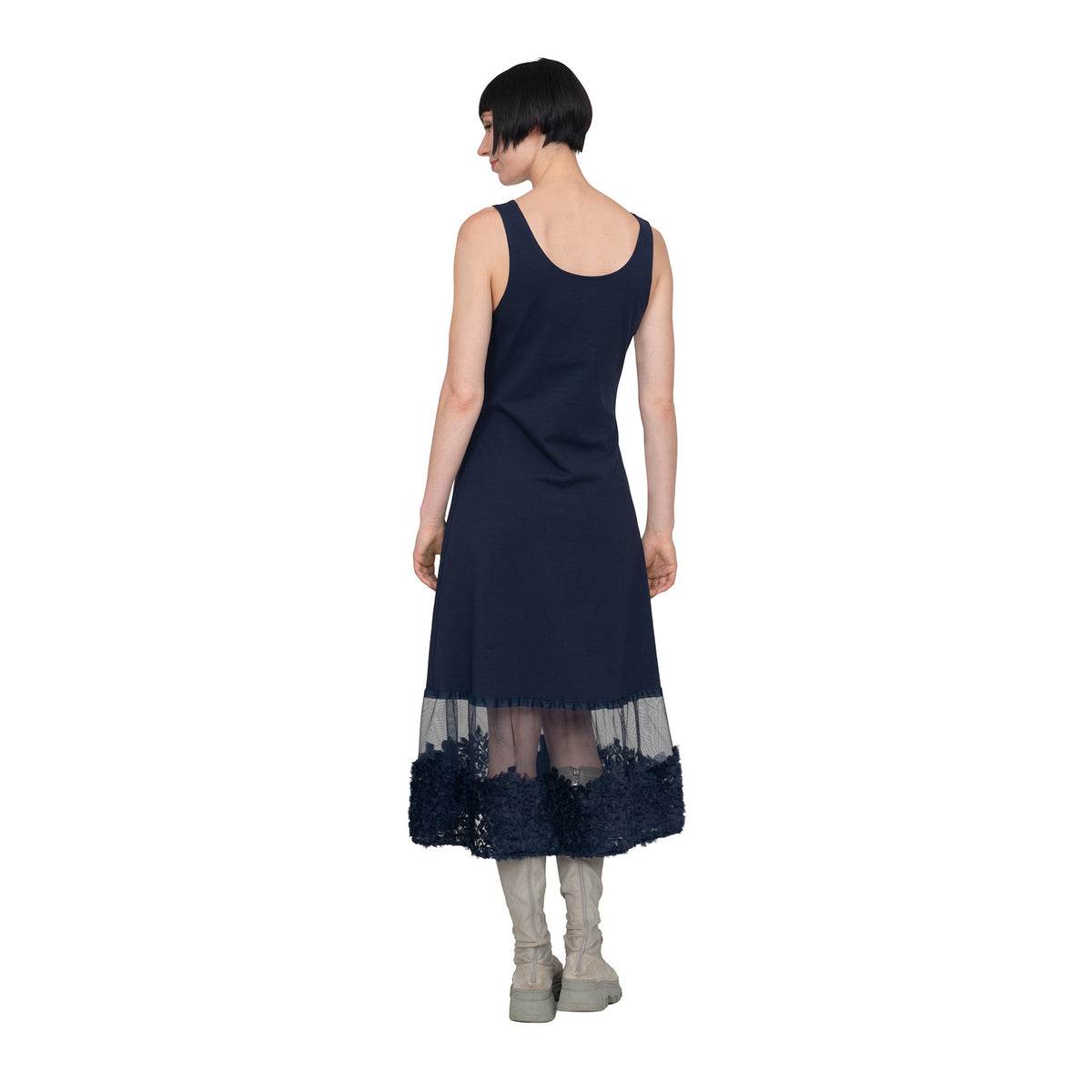 Jerseykleid lang, mit Tüllsaum